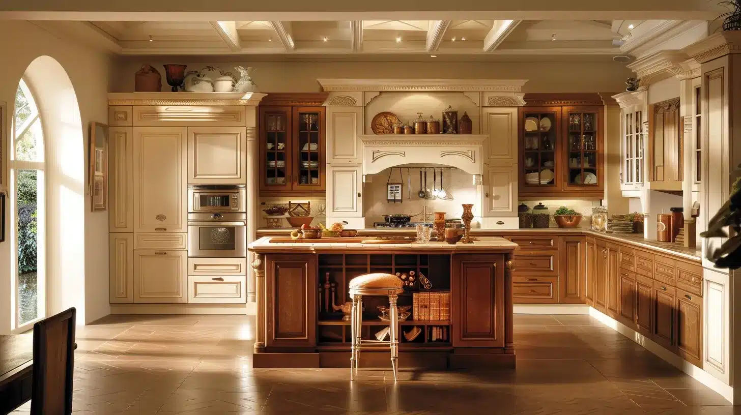 a beautifully designed custom kitchen showcases elegant cabinetry in warm, earthy tones, bathed in soft natural light that highlights the seamless blend of style and functionality, inviting homeowners to envision their ideal living space.
