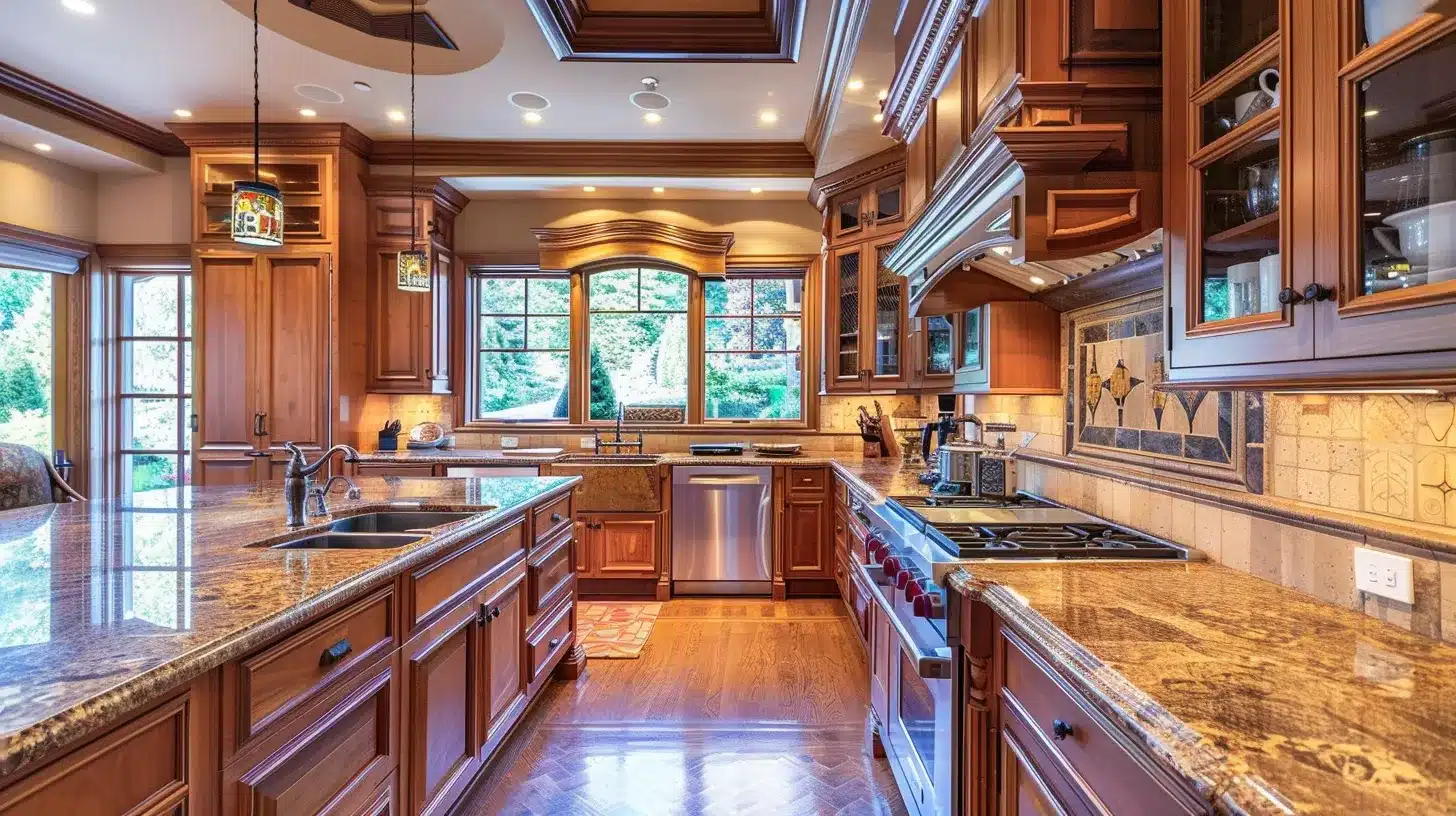 a beautifully designed kitchen featuring custom cabinets with a polished finish, illuminated by soft, natural light that highlights their intricate textures and enduring elegance.